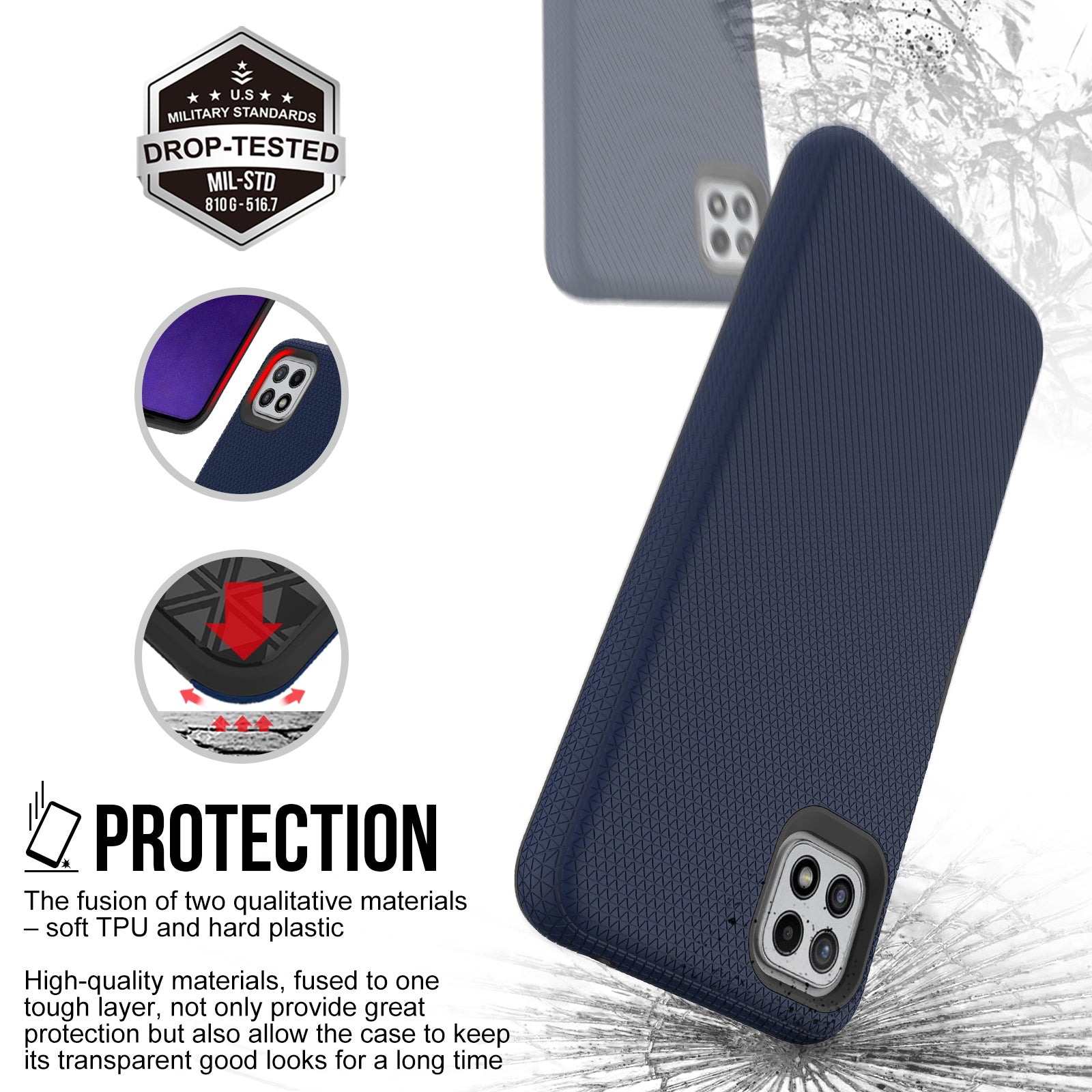 TPU PC Cover for Samsung Galaxy A22 5G (EU Version) Anti-scratch Hybrid Case Triangle Military Grade Fall Protection Back Shell TPU PC Cover for Samsung Galaxy A22 5G (EU Version) Anti-scratch Hybrid Case Triangle Military Grade Fall Protection Back Shell
